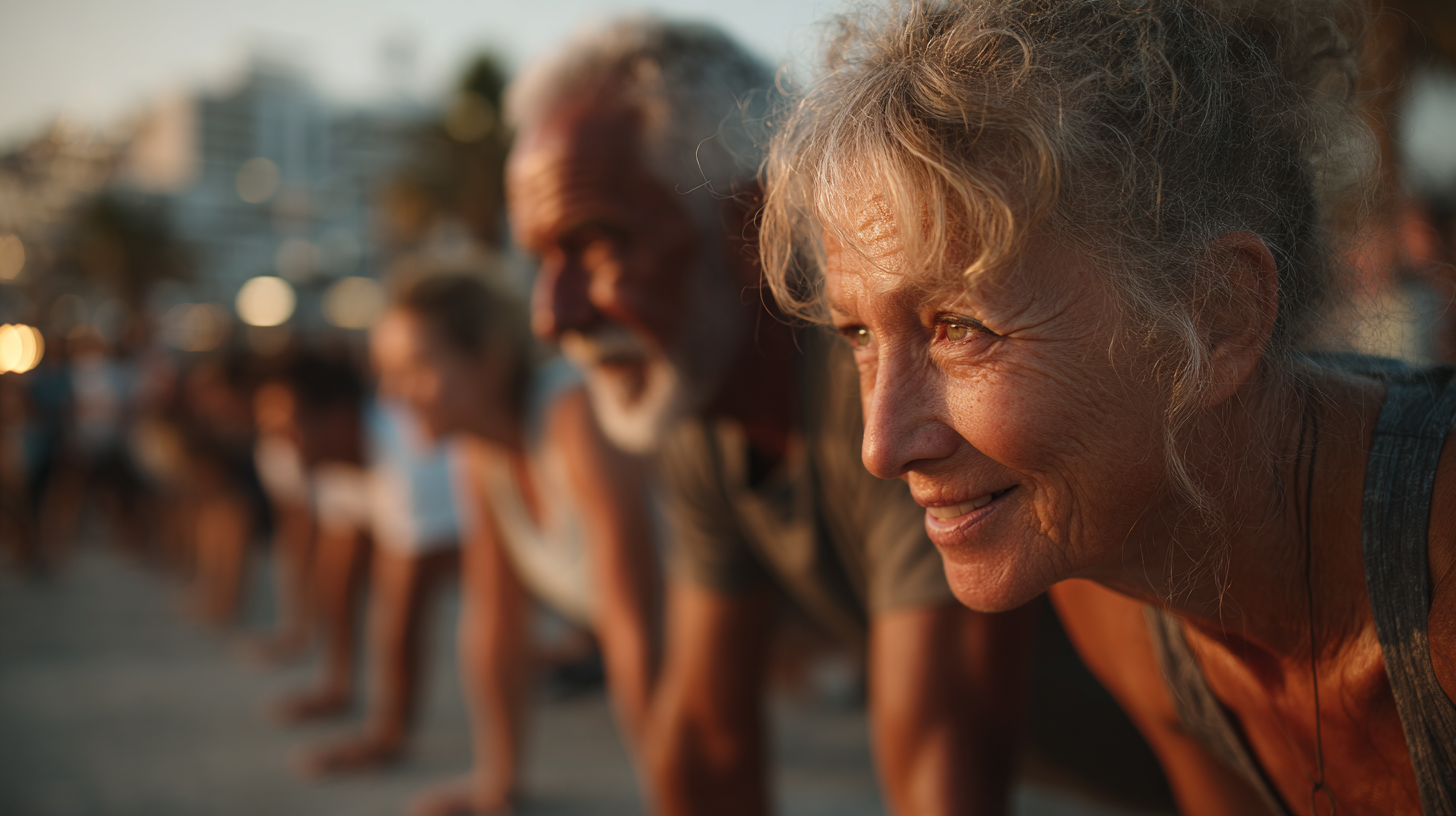 Възрастни хора правят фитнес упражнения на открито