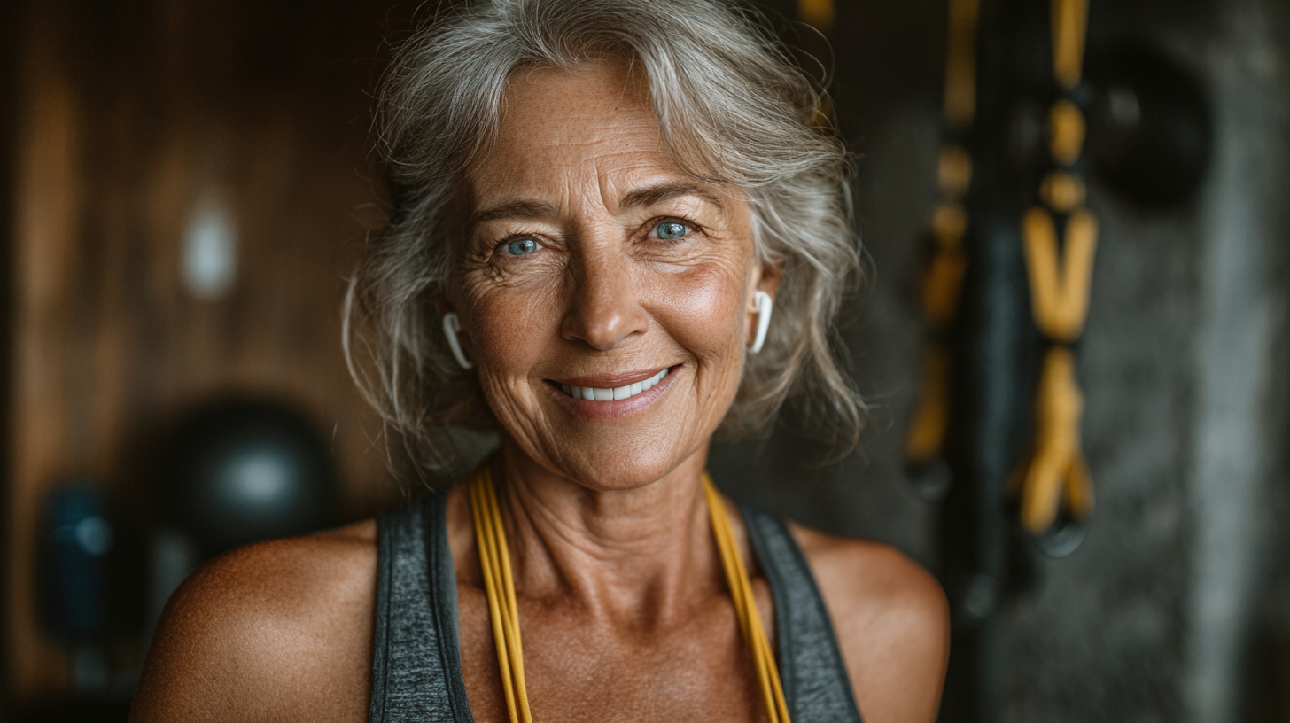 Възрастна жена се упражнява в парк с усмивка